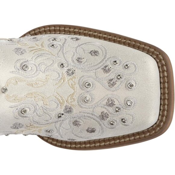 White Women's Cowboy Boots Square Toe Rhinestone Mid Calf Floral Western - Picture 3 of 7